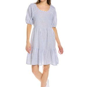 BEACHLUNCHLOUNGE Luca linen cotton blue white striped puff sleeve tiered dress